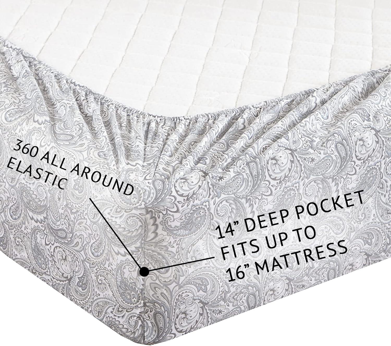 Comfort Spaces 100% Cotton Queen Sheet Set 4-Pieces Gray Paisley Lightweight Breathable All Season Cozy Sheet Set