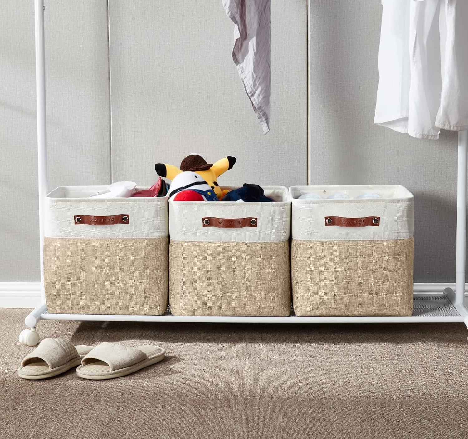 Beige and White Rectangular Fabric Storage Bins with Handles