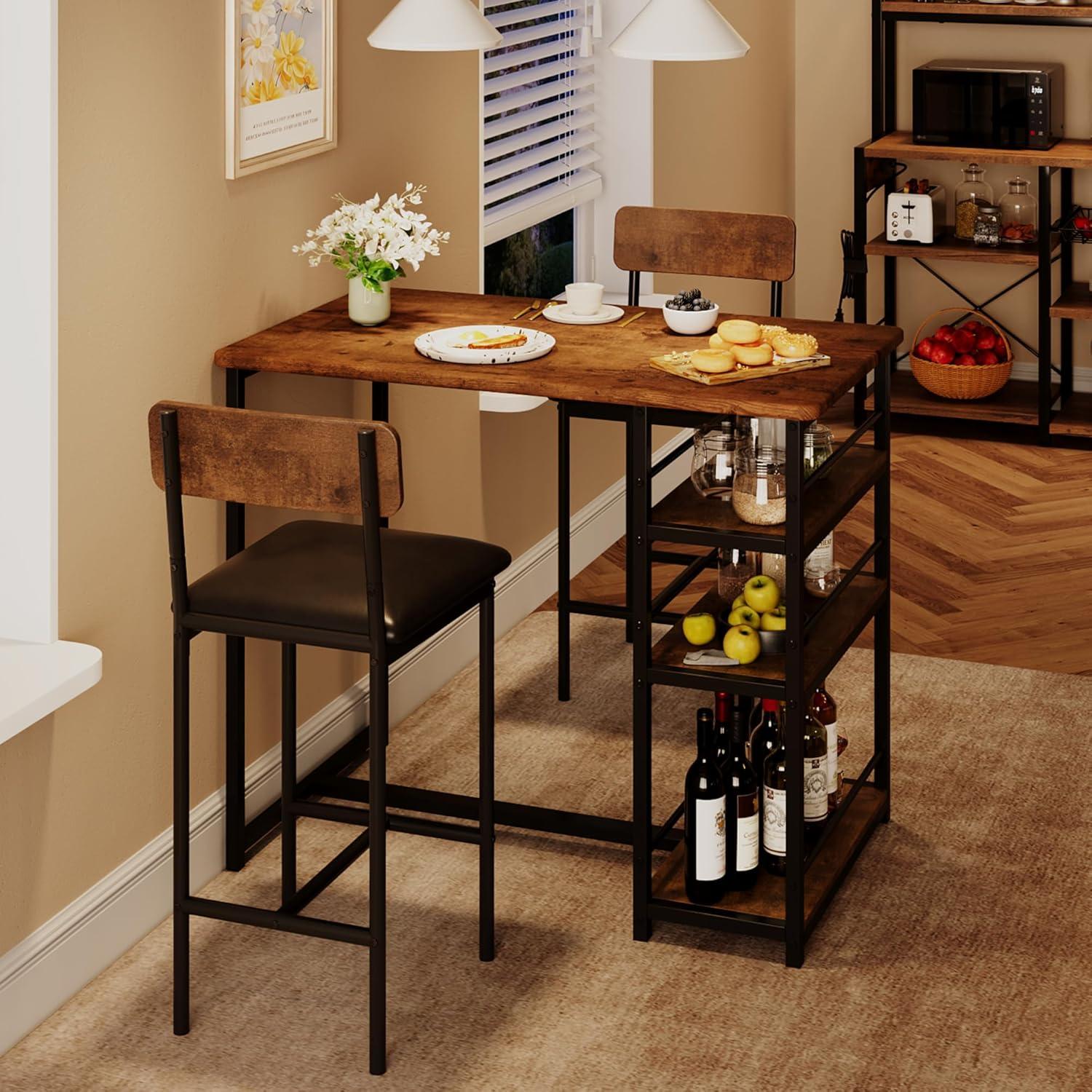 Rustic Brown Engineered Wood Pub Table Set with Storage Shelves