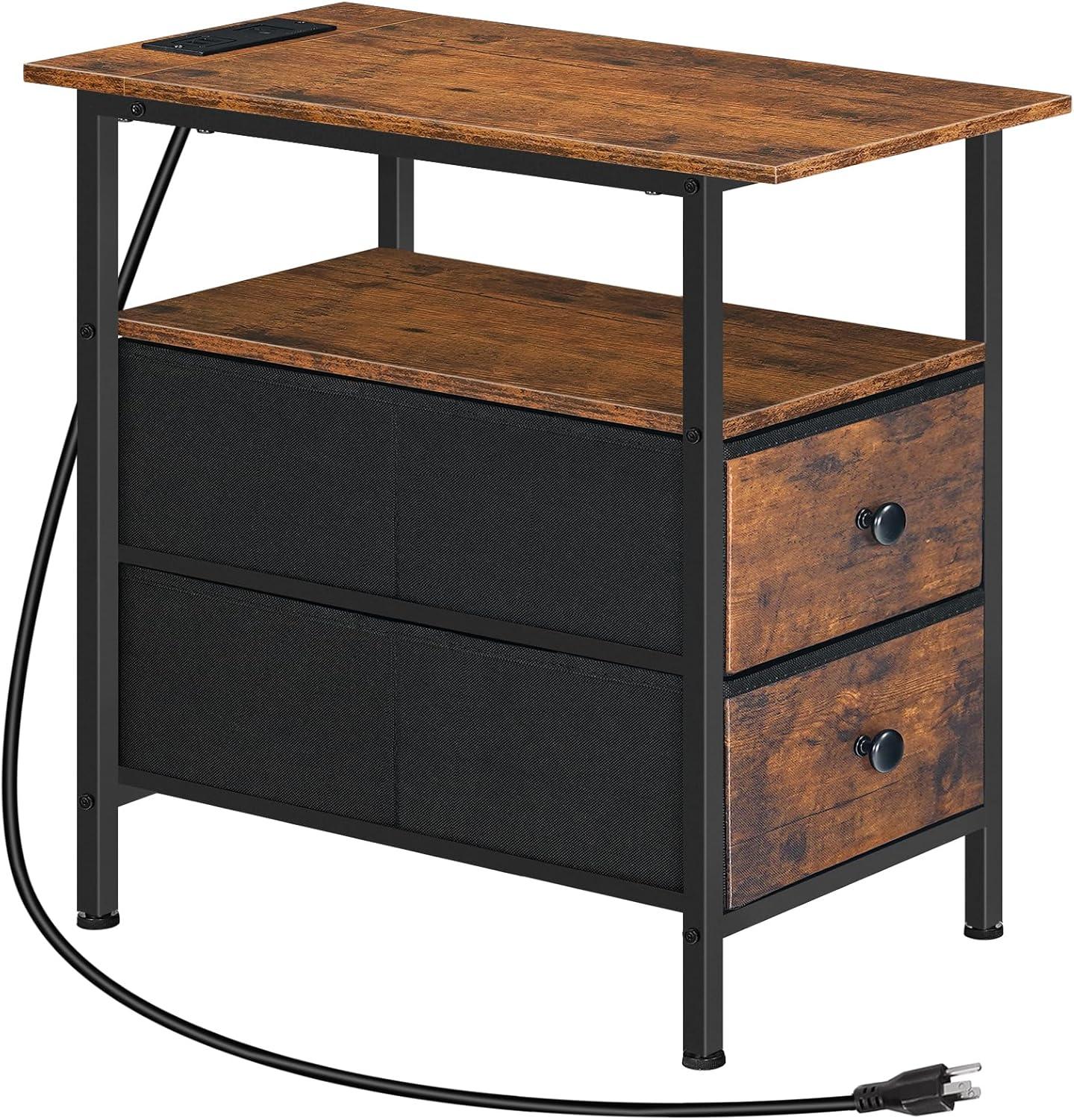 HOOBRO End Table with Charging Station, Narrow Side Table with 2 Drawer & USB Ports & Power Outlets, Nightstand for Small Spaces, for Living Room, Bedroom, Rustic Brown and Black BF541BZ01