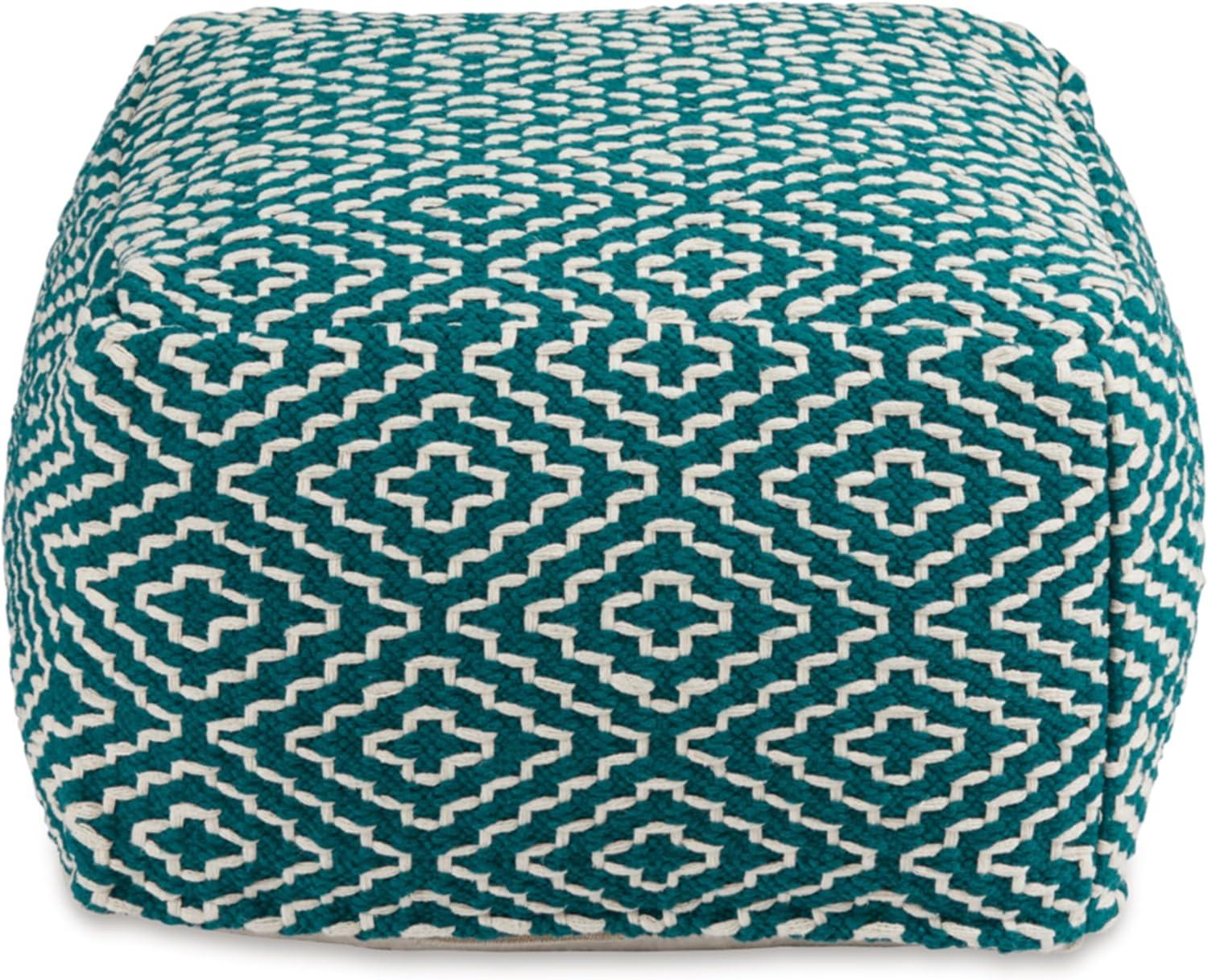 Handwoven Blue and White Geometric Pouf