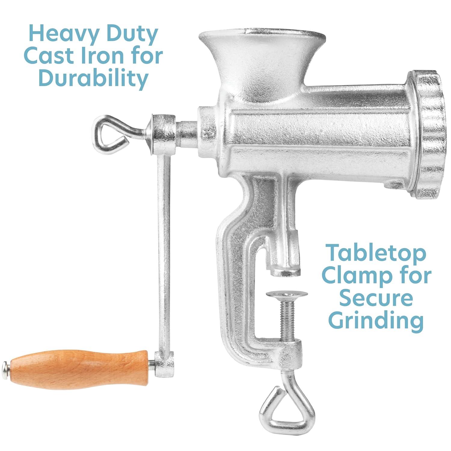 Cast Iron Table Mount Meat Grinder - Manual Mincer w Two 3/4" Cutting Disks & Sausage Stuffer Funnel - Make Homemade Burgers, Cooking Tool Must Have