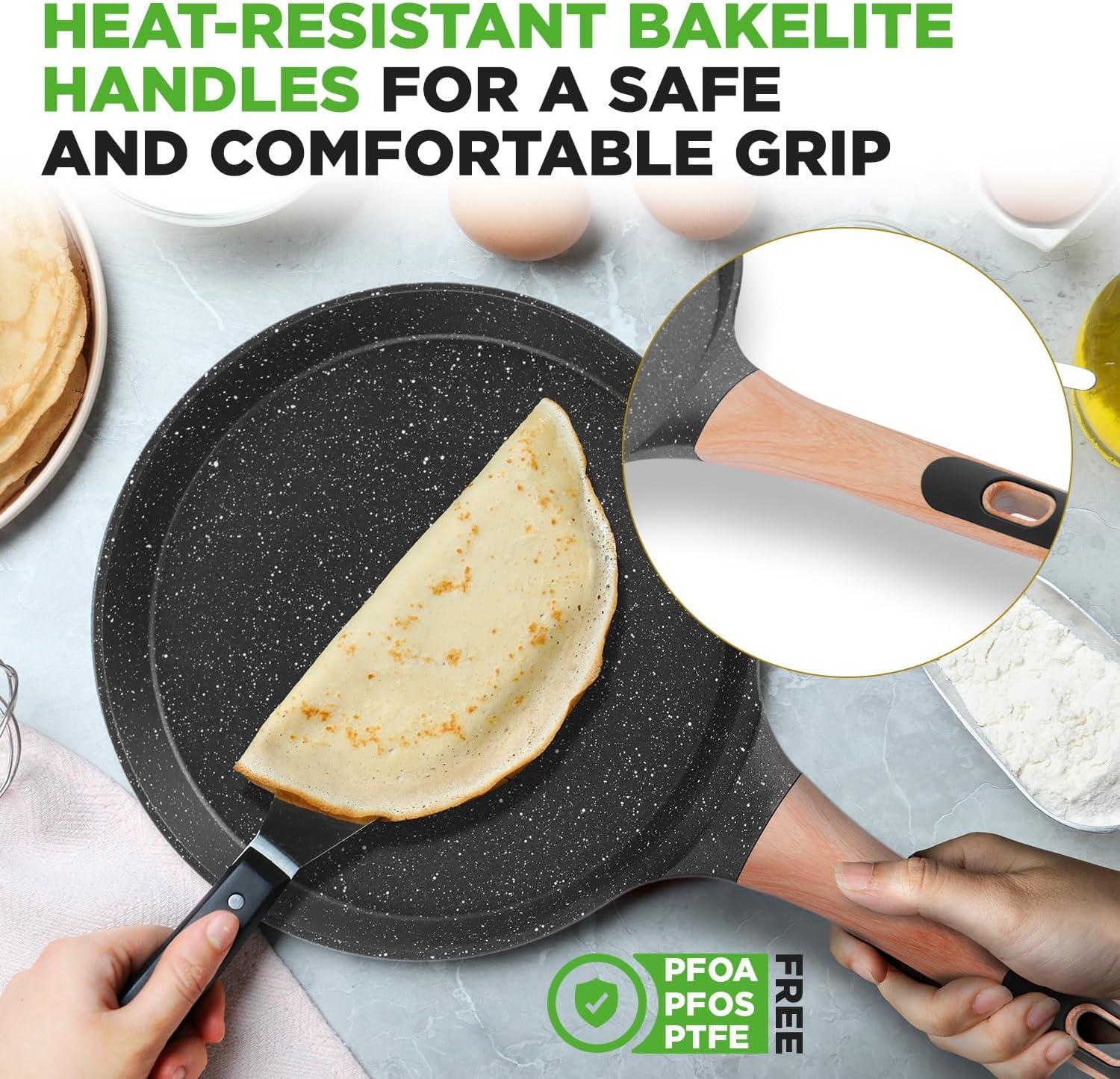 NutriChef Nutrichef 9.45” Non-Stick Crepe Pan With Wooden Spreader, Durable Marble Coated Dosa Pan, Bakelite Handle And Induction Bottom, Pfoa/Pfos Free, Dishwasher Safe, Even Heat Distribution