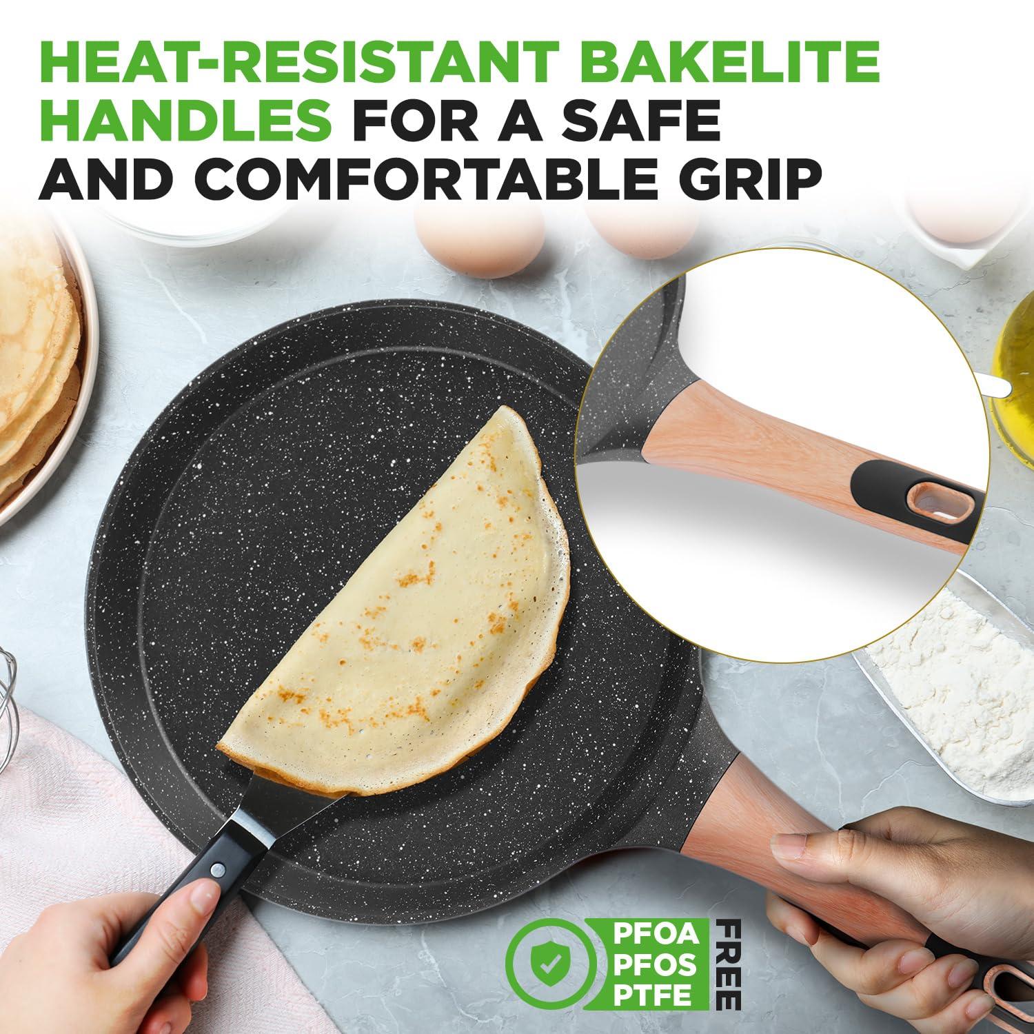 NutriChef Nutrichef 9.45” Non-Stick Crepe Pan With Wooden Spreader, Durable Marble Coated Dosa Pan, Bakelite Handle And Induction Bottom, Pfoa/Pfos Free, Dishwasher Safe, Even Heat Distribution