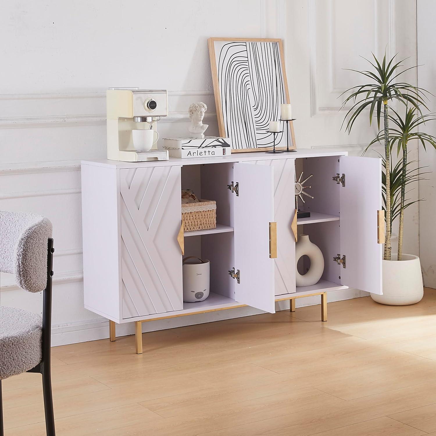 White Geometric 47.2" Modern Sideboard Cabinet with Gold Accents