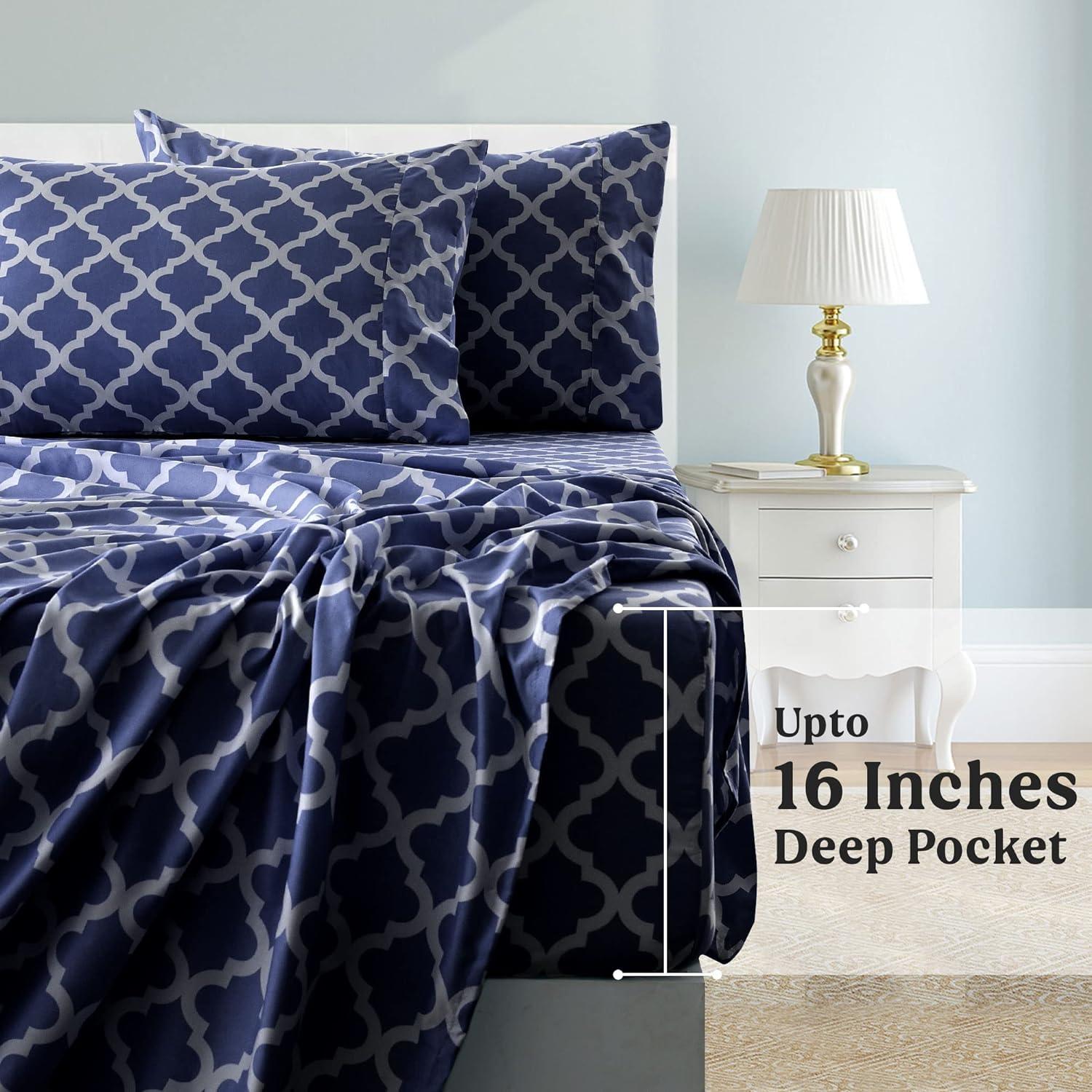 Navy Blue Quatrefoil Print Twin XL Microfiber Sheet Set