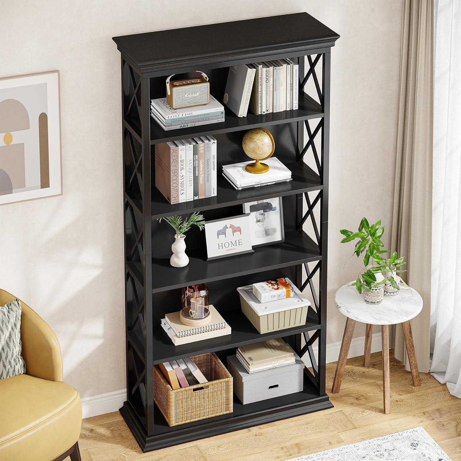 Tribesigns 71" Black 6-Tier Industrial Bookshelf with X Accents