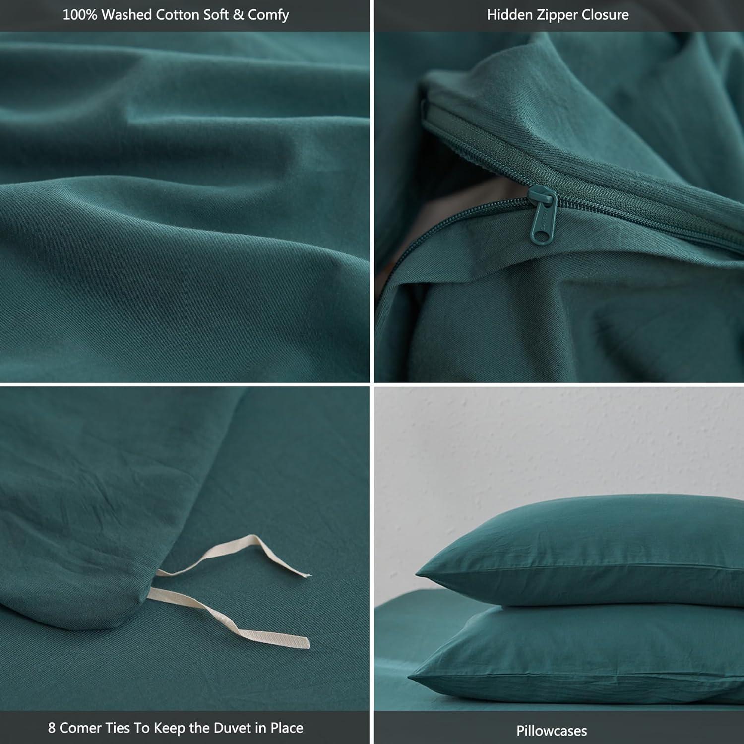MOOMEE 100% Washed Cotton Linen Like Textured Duvet Cover Set