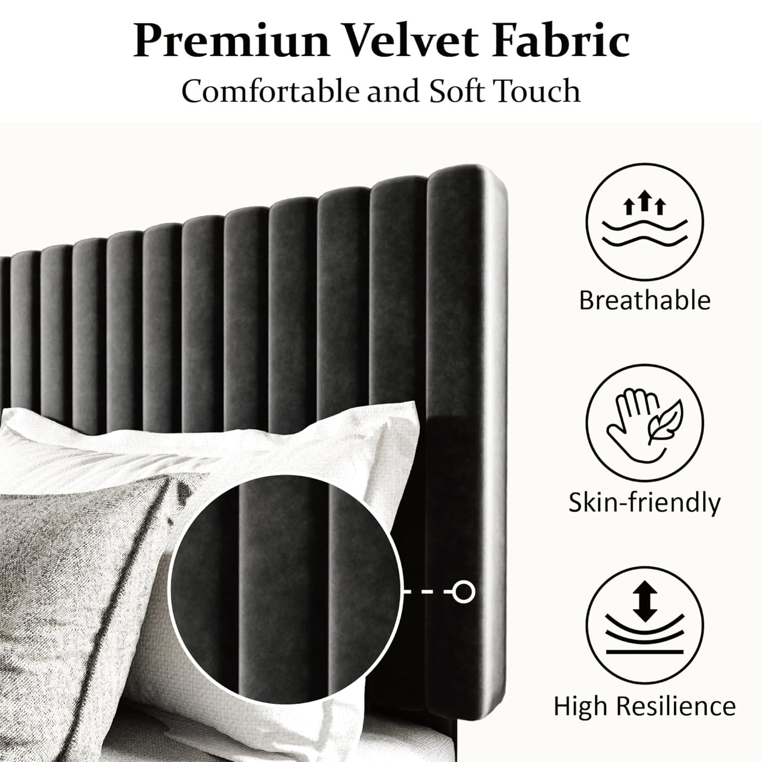 Full Size Bed Frame with Velvet Upholstered Headboard, Platform Bed with Strong Wood Slats, Mattress Foundation, Box Spring Optional, Easy Assembly, Black