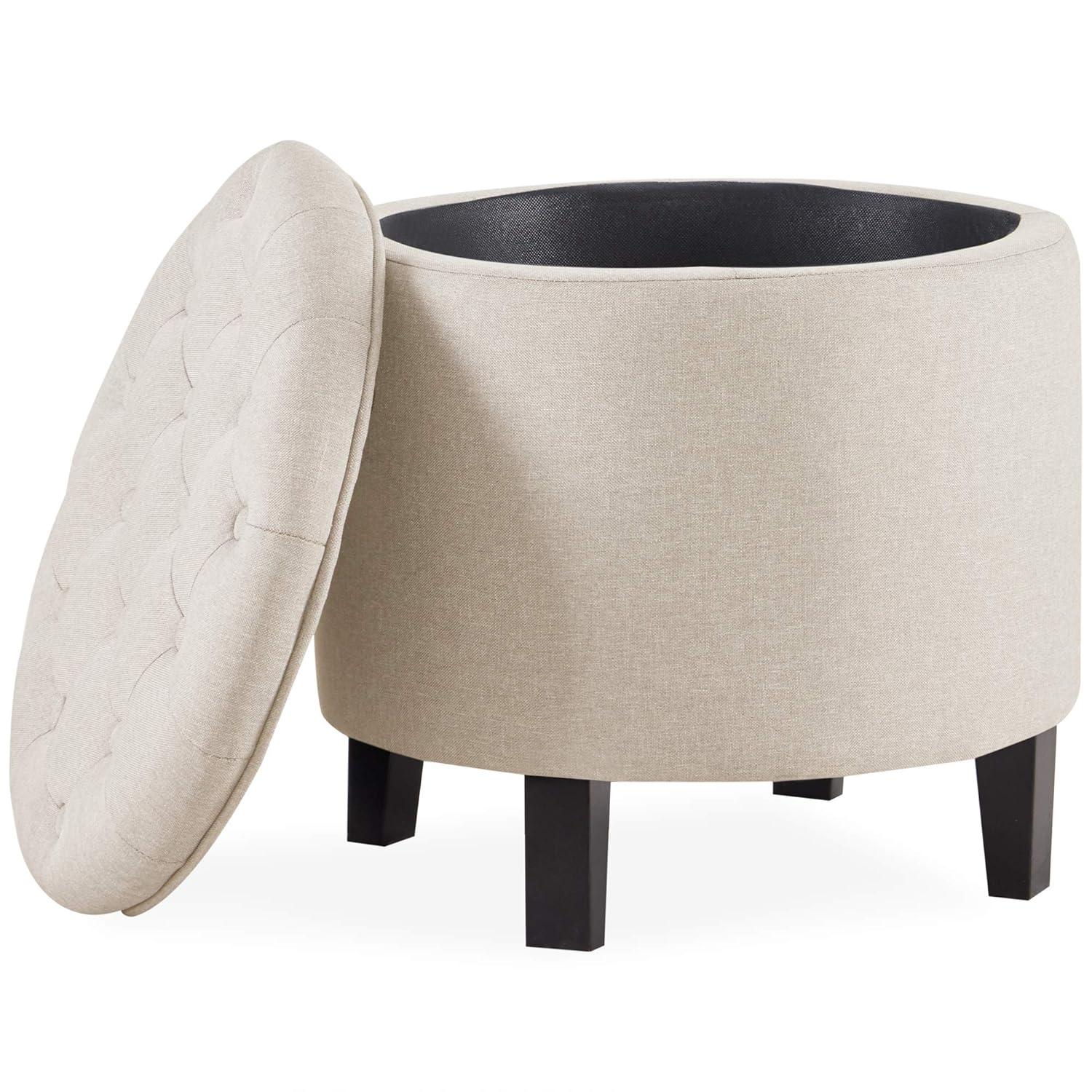 Belleze Nailhead Round Tufted Storage Ottoman Large Footrest Stool Coffee Table Lift Top, Blue