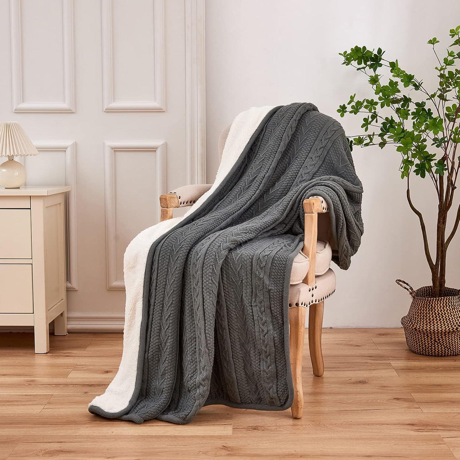 Gray Acrylic Cable Knit Sherpa Reversible Throw Blanket