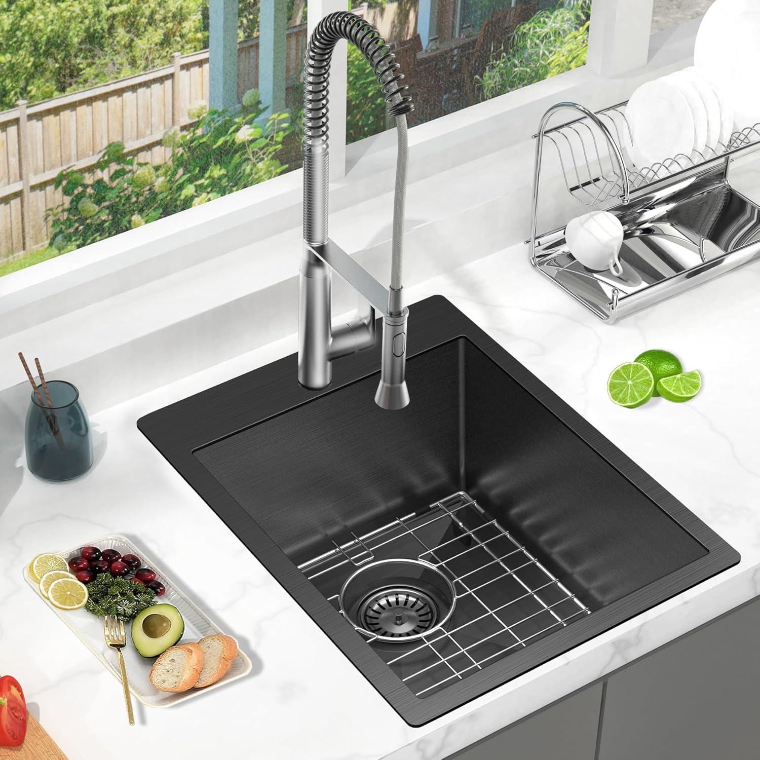 15x20 Inch Drop In Bar Sink Black, 15 Inch Gunmetal Black Small Kitchen Sink 18 Gauge Single Bowl Topmount Stainless Steel Wet Bar Sink with Basket Strainer Drain & Bottom Grid