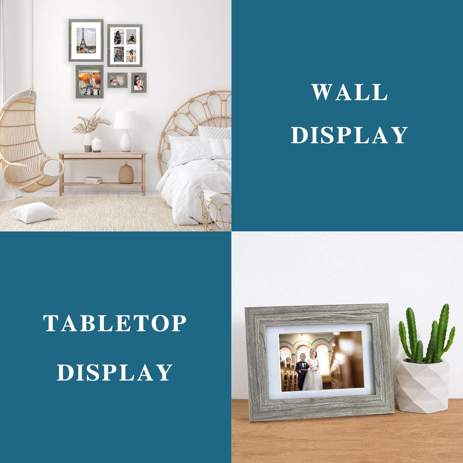 8x10 Picture Frame Set of 4, Made of Real Glass and Grey Wooden Frame, 8 by 10 Photo for Wall or Tabletop - Display Picture 5x7 with Mat or 8x10 Without Mat