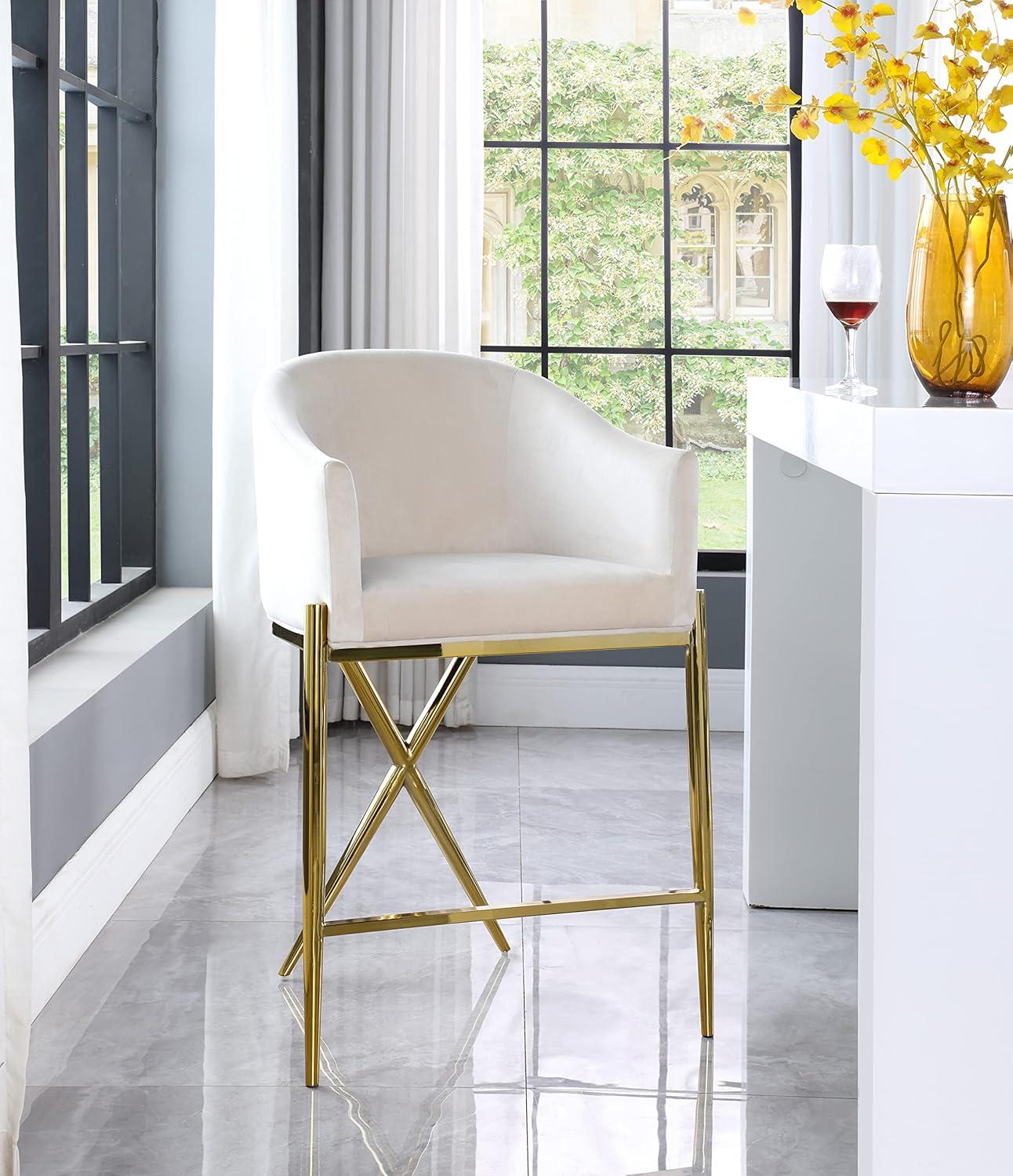 Elegant Beige Velvet & Gold Metal Counter Stool