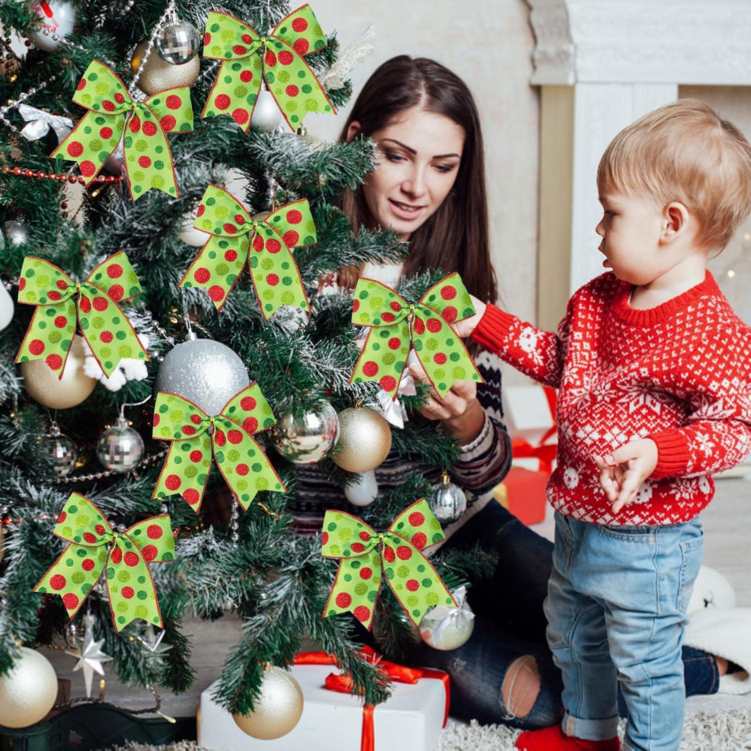 Sandistore Cute Cars 12pcs Christmas Tree Bows Ornaments 6 Inch Large Christmas Wreath Bows Red Green Xmas Tree Bows Christmas Glitter Dot Bows Ribbons Decoration For Garland Diamonds for Crafts