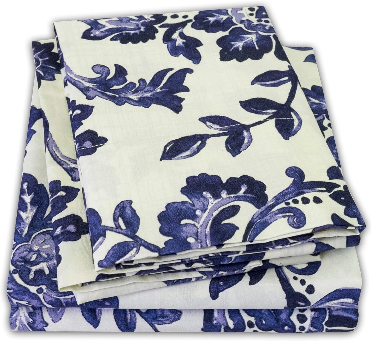 White and Navy Floral Microfiber Deep Pocket Sheet Set