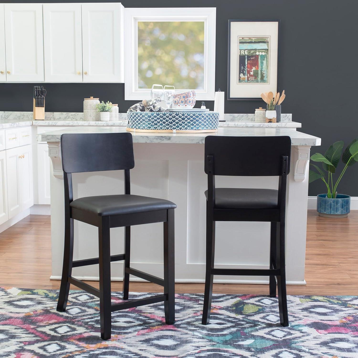 Elegant 24" Black and Cherry Wood Counter Stool with Dark Brown Faux Leather Seat