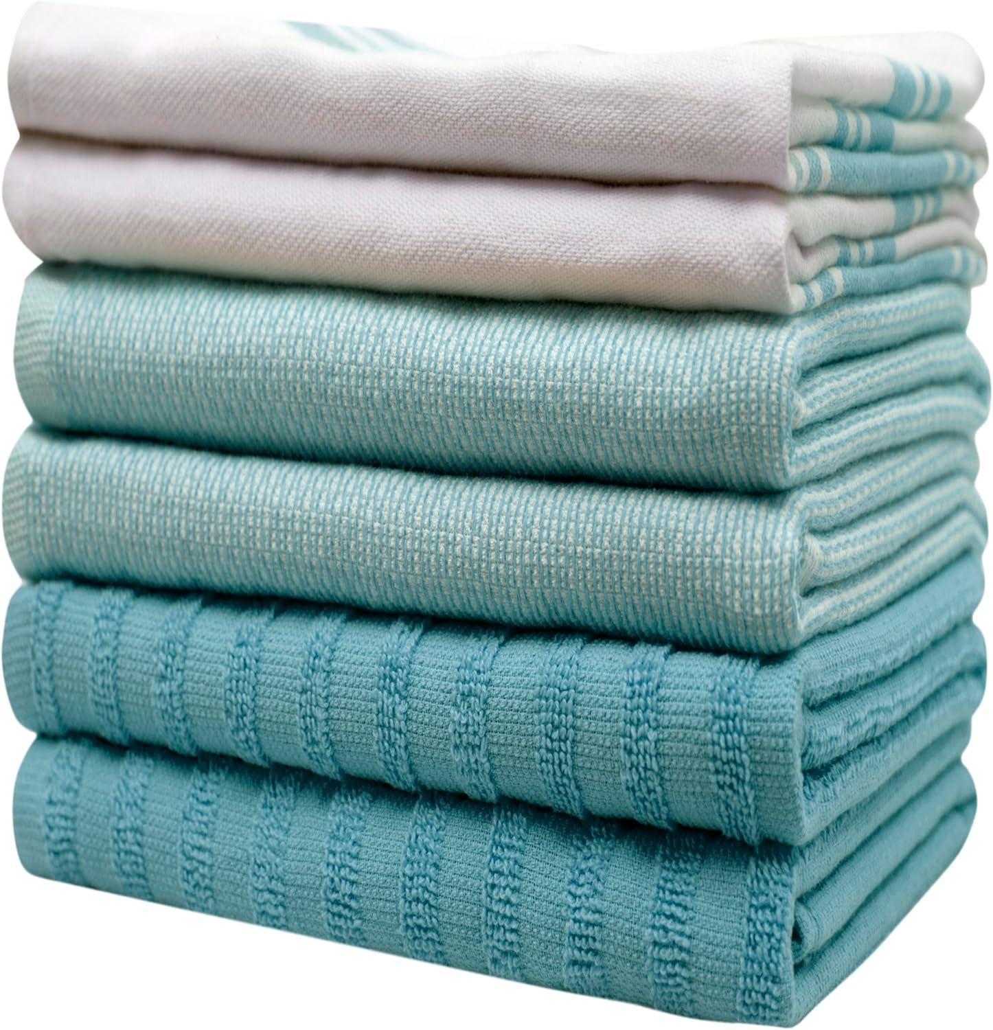 Aqua Cotton Terry and Flat Kitchen Towels Set, 20”x 28”, 6 Pack