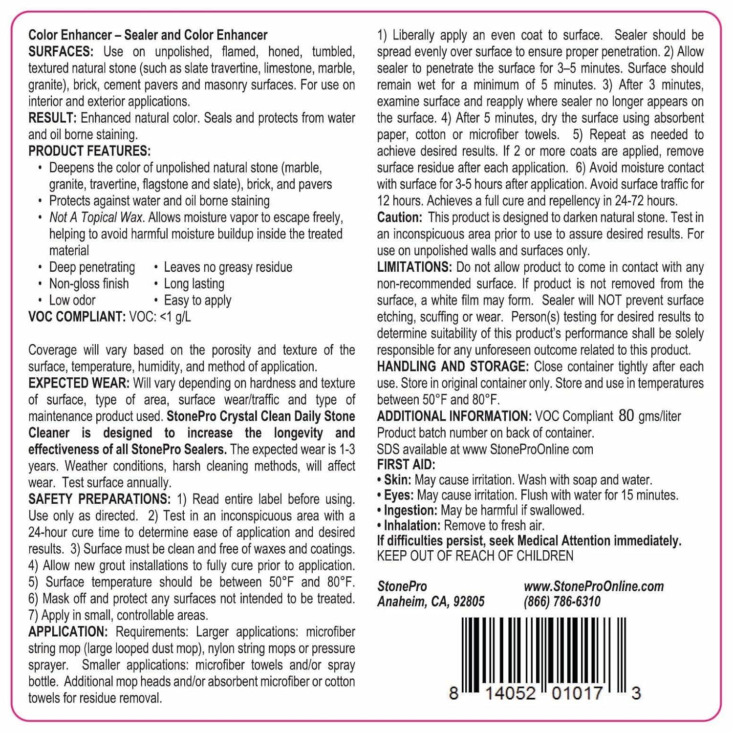 Stone Pro Color Enhancer, Penetrating Sealer For Unpolished Natural Stone, WET-LOOK on Travertine, Slate, Brick, Concrete & more (1 Quart – 32 Fl Oz)