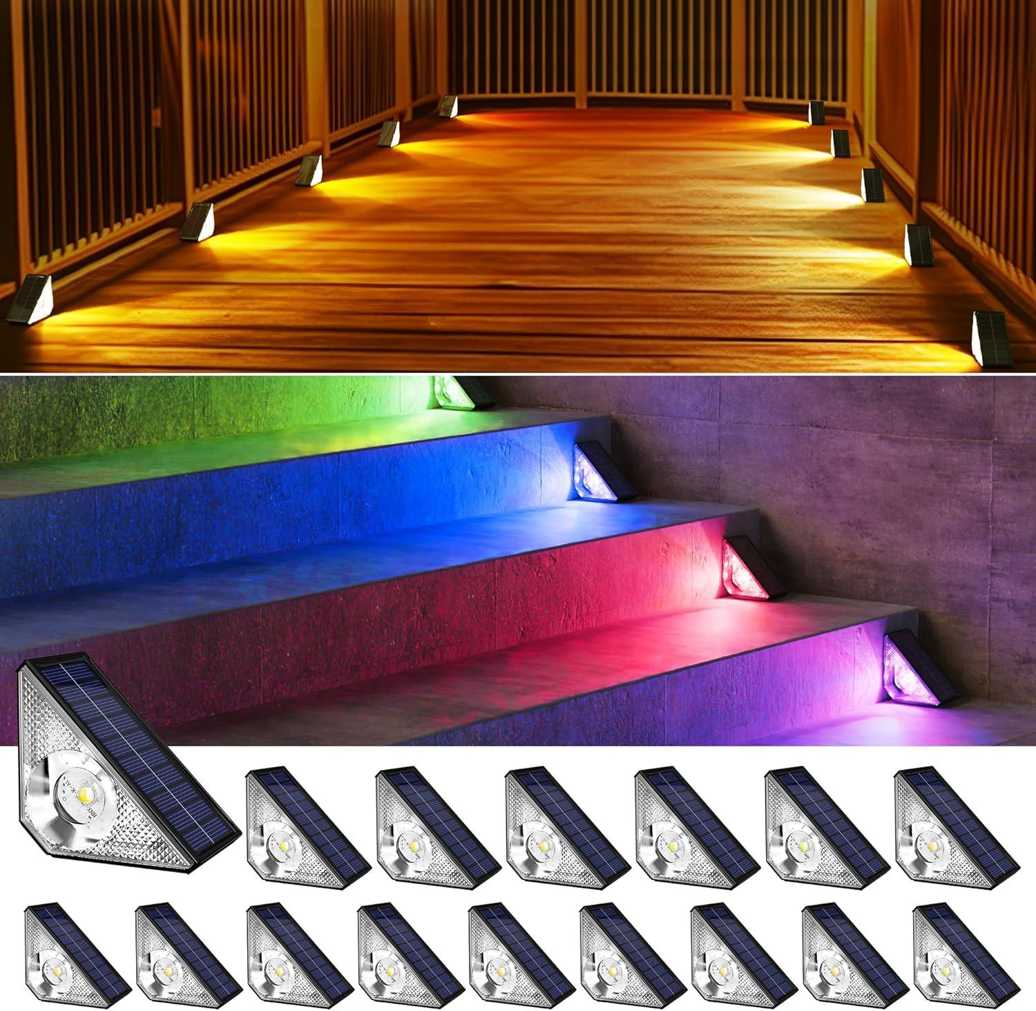 16 Pack Solar Step Lights Outdoor Waterproof LED Deck Lights Auto On Off Solar Stair Lights Outdoor Warm & RGB Color Changing Triangle Decor Lights for Steps in Patio Garden Yard Porch