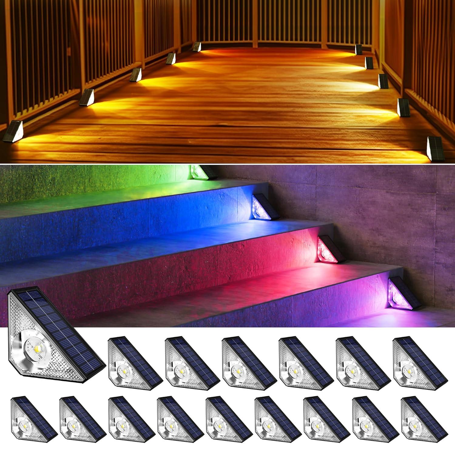 16 Pack Solar Step Lights Outdoor Waterproof LED Deck Lights Auto On Off Solar Stair Lights Outdoor Warm & RGB Color Changing Triangle Decor Lights for Steps in Patio Garden Yard Porch