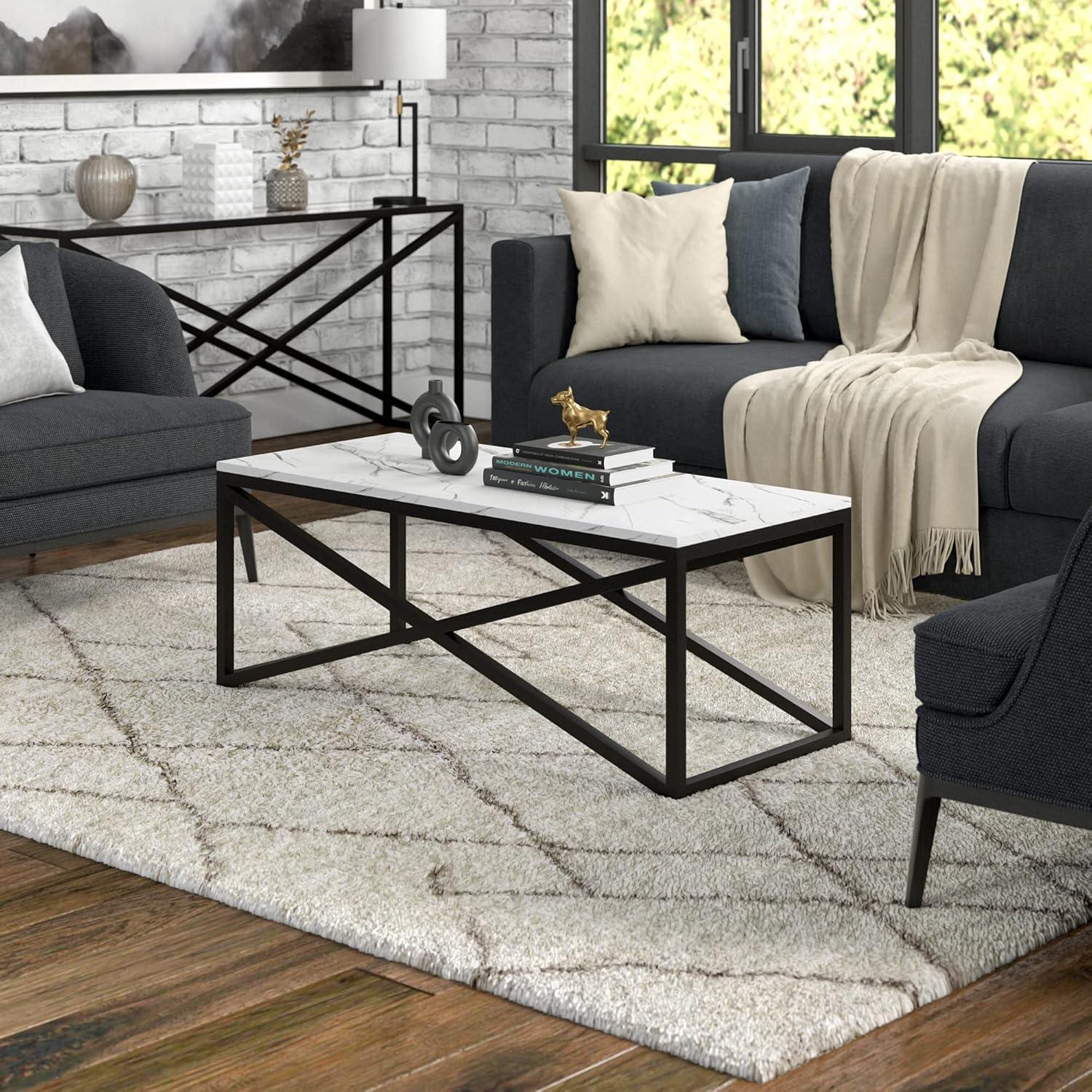 Rectangular Blackened Bronze Coffee Table with Faux Marble Top