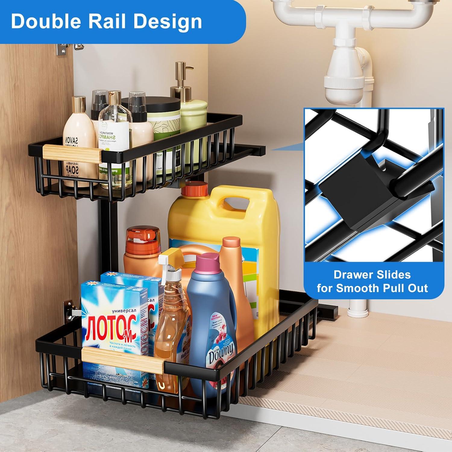 DELAMU 2 Pack Under Sink Organizers and Storage, Pull Out Trash Can Under Cabinet, 2 Tier Bin Organizer with Hooks and Haning Cups, Multi-Purpose Sliding Under Cabinet Organizer