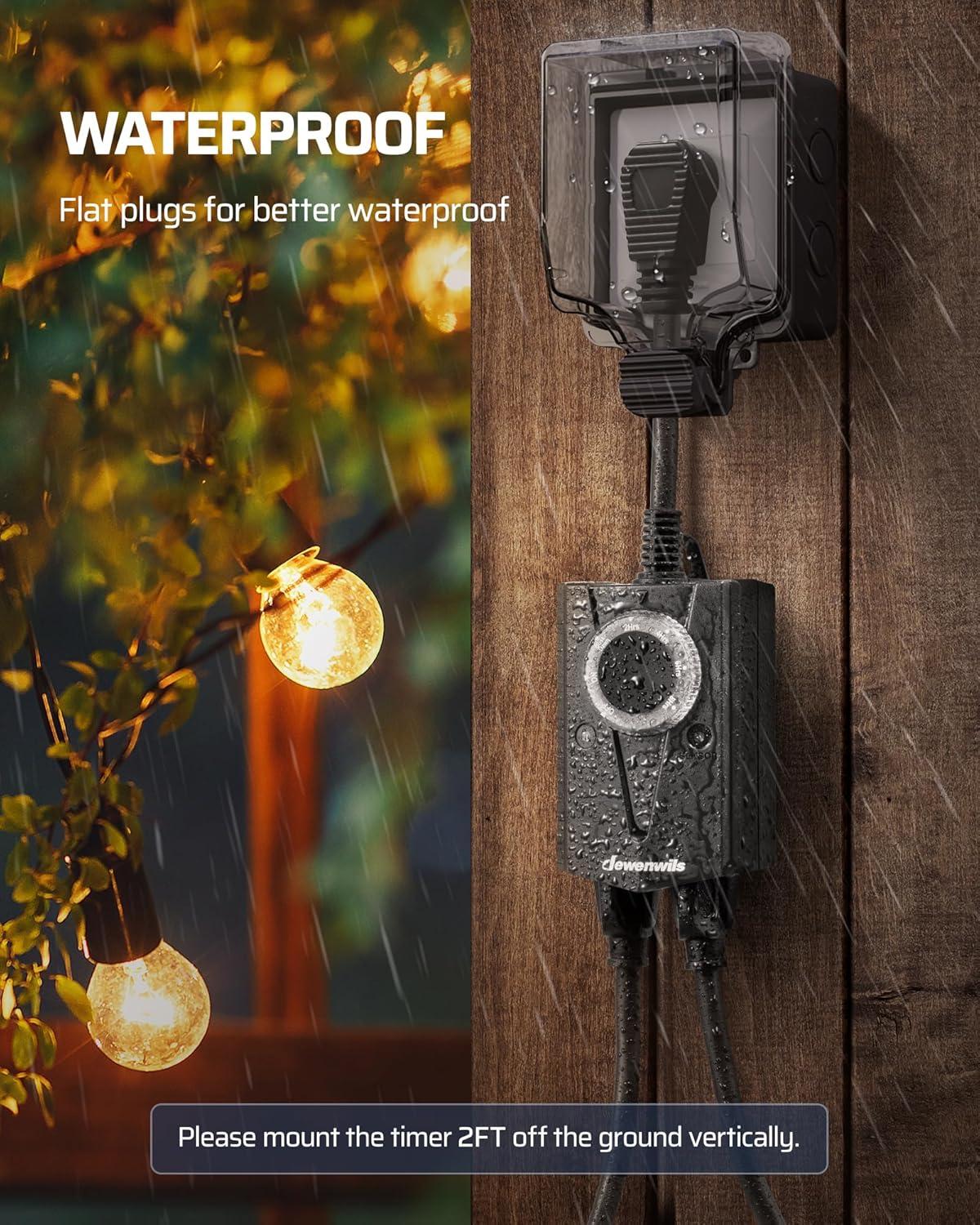 DEWENWILS Outdoor Mechanical Timer with 2 Outlets, Plug-in Christmas Light Timer, Waterproof, Electrical Outlets Timer for Holiday Decoration Lights, String Lights, 15A 1/2HP