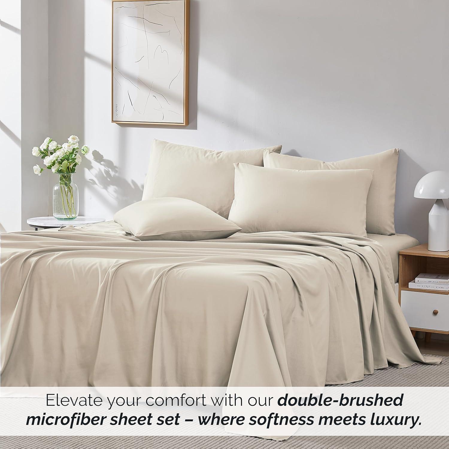 Southshore Fine Living, Inc. 6-Piece, 21-Inch Queen Sheets Deep Pocket, Pet Hair Resistant Queen Bed Sheet Set with Extra Deep Pocket Fitted Sheet, Bone Colored Sheets and Pillow Cases Set of 4, Bone