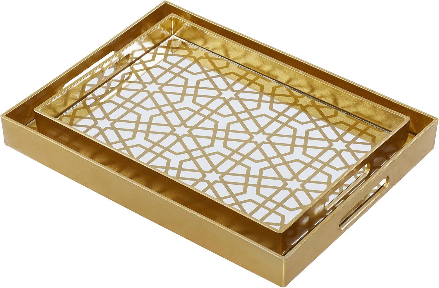 Gold Geometric Mirrored Glass Tray Set, 14" and 16"