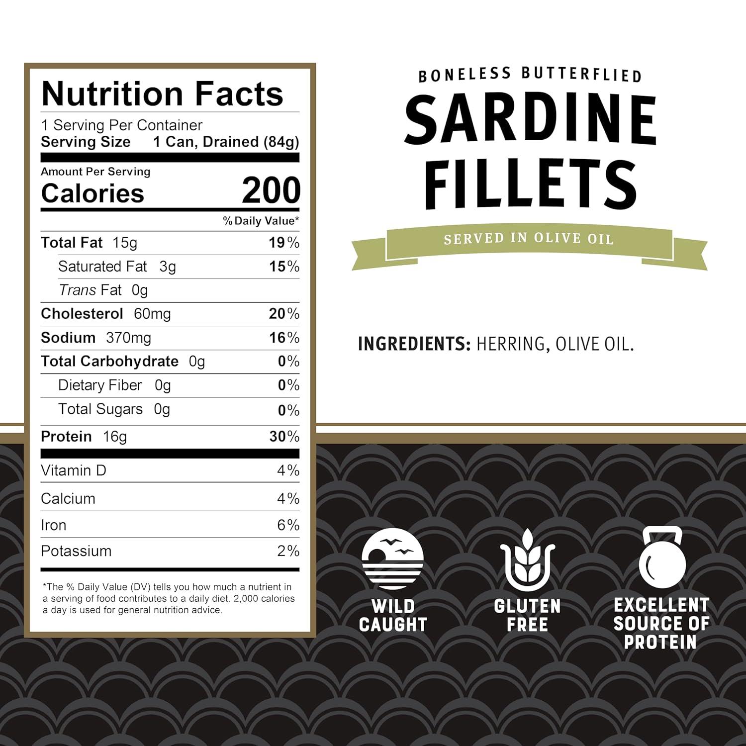 Brunswick Sardines in Olive Oil, 3.75 oz Can (Pack of 12) - Boneless Butterflied Sardine Fillets - Wild Caught - 16g Protein per Serving - Gluten Free, Keto Friendly