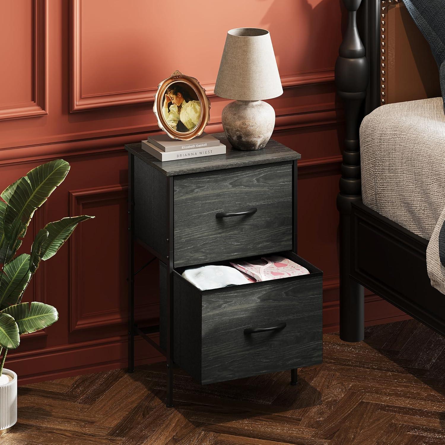 Black Fabric 2-Drawer Nightstand with Steel Frame