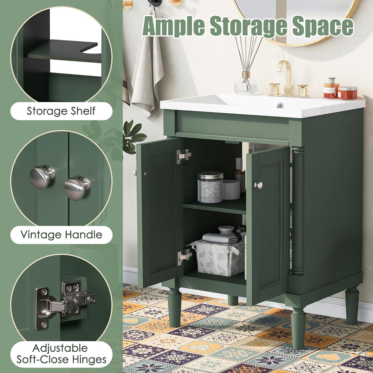 Green Shaker Style Bathroom Vanity with Tempered Glass Top