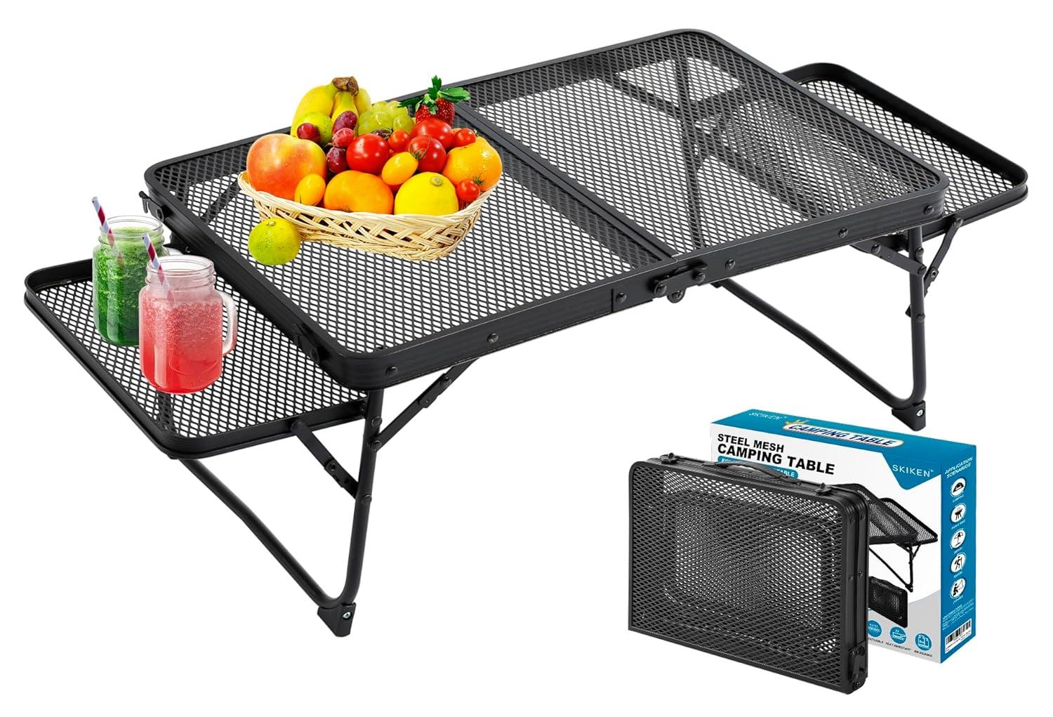 Small Low Camping Table with 2 Wing Panels, Folding Low Picnic & Outdoor Table with 2 Shelves, Lightweight & Easy Carry for Beach, Fishing, Sturdy Steel Mesh Top (3 FT, Black)