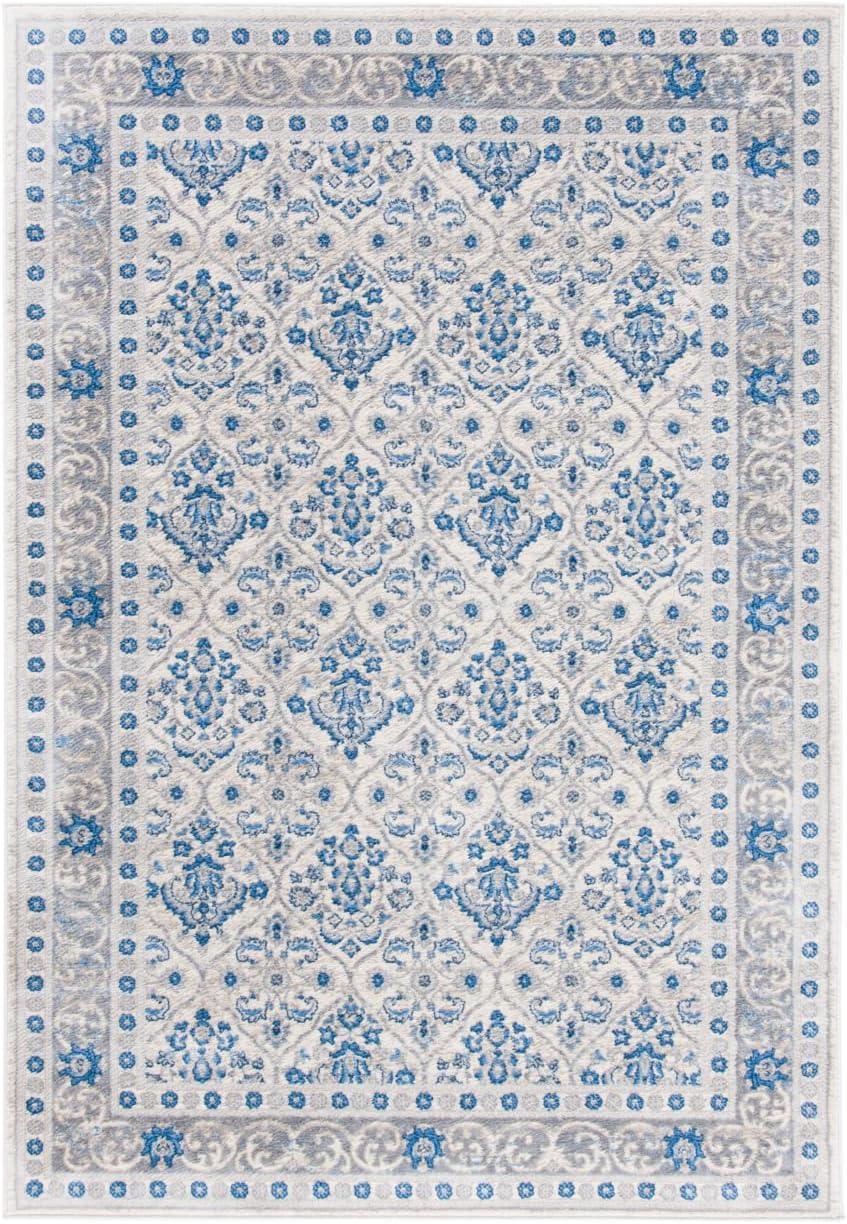 Ivory and Blue Hand-knotted Rectangular Synthetic Rug