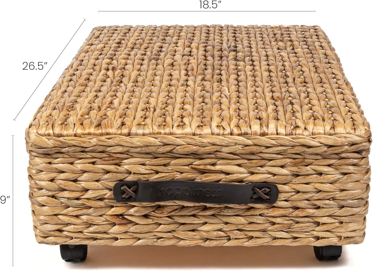 happimess Chett 26.38" Minimalist Hand-Woven Hyacinth/Wood Underbed Storage Bin with Wheels and Handles