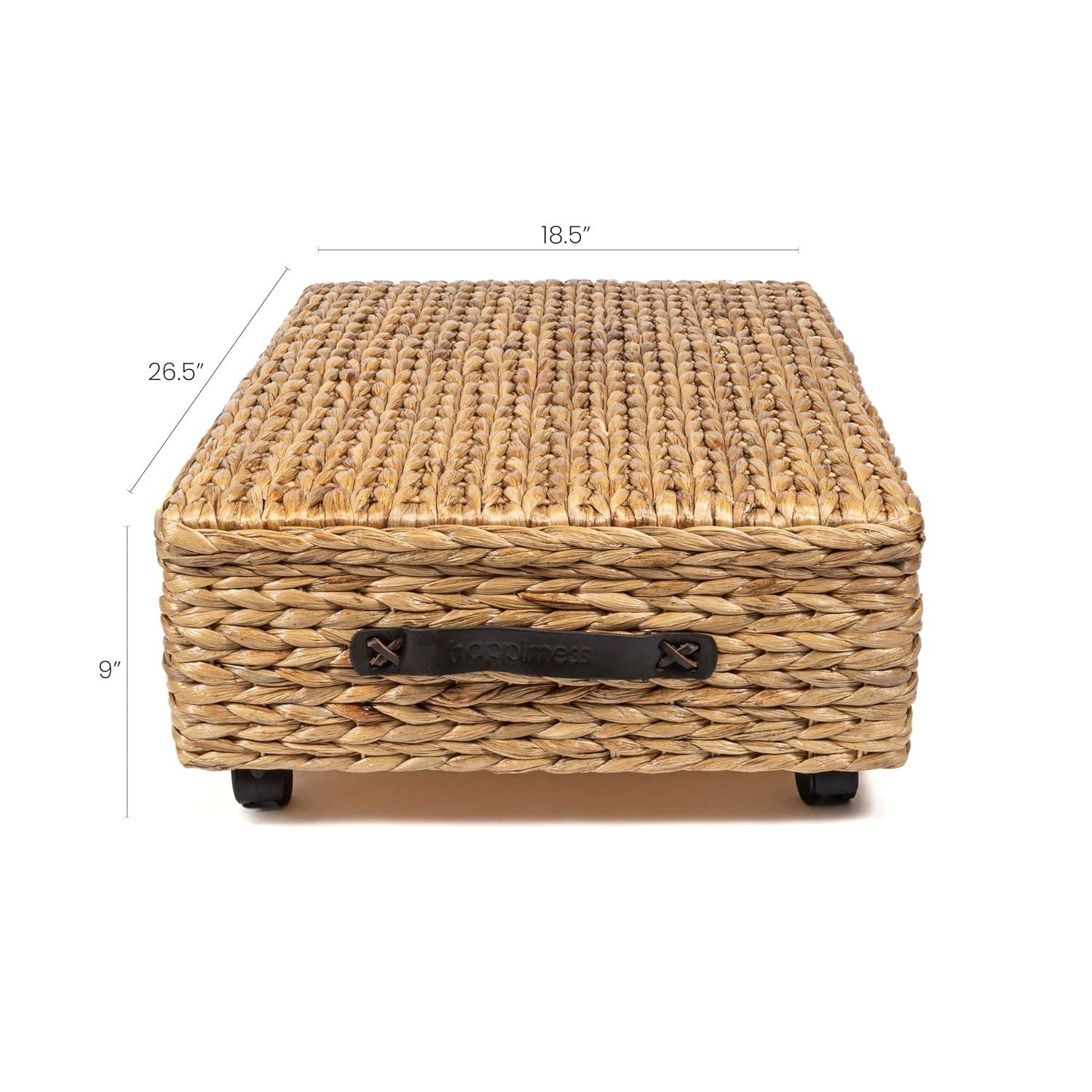 happimess Chett 26.38" Minimalist Hand-Woven Hyacinth/Wood Underbed Storage Bin with Wheels and Handles