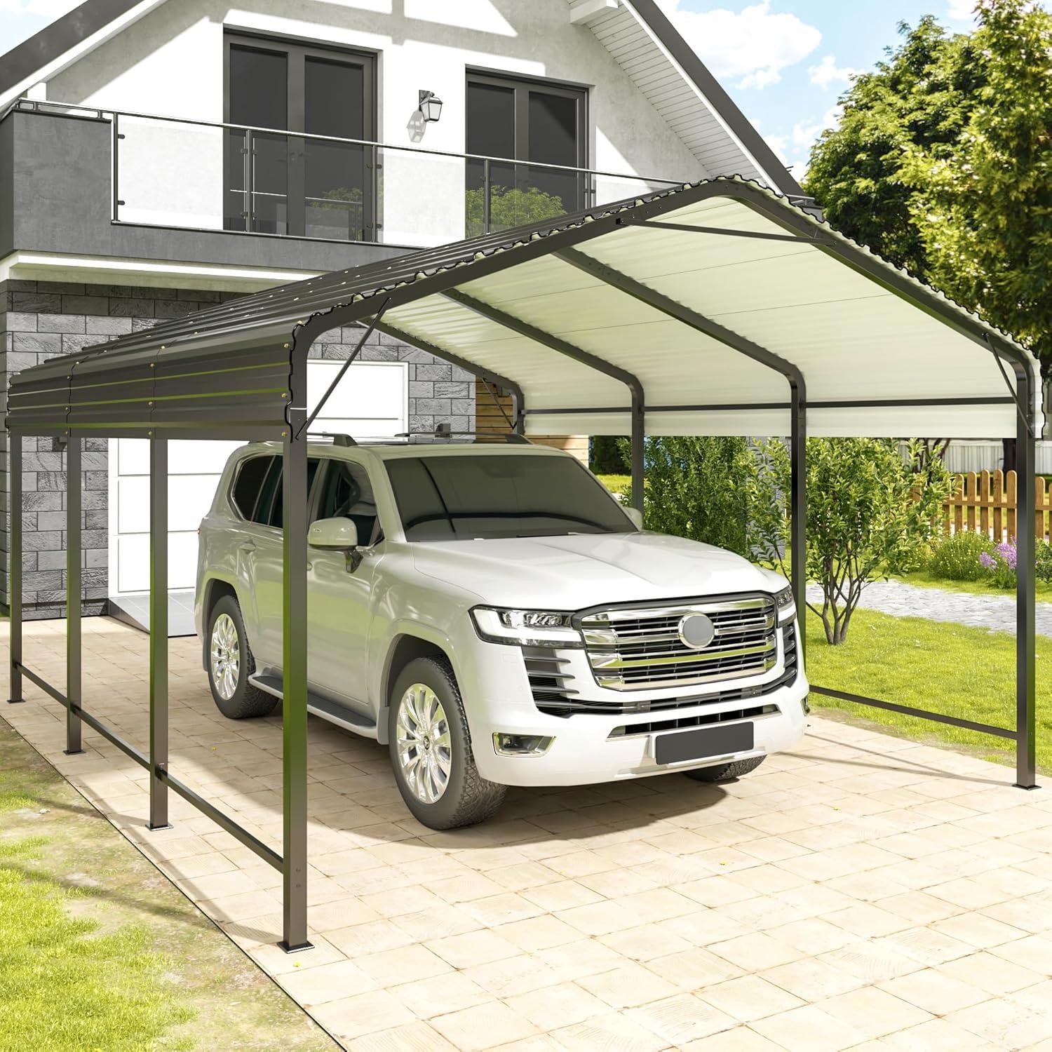 Black 10x15 FT Metal Carport with Peak Roof