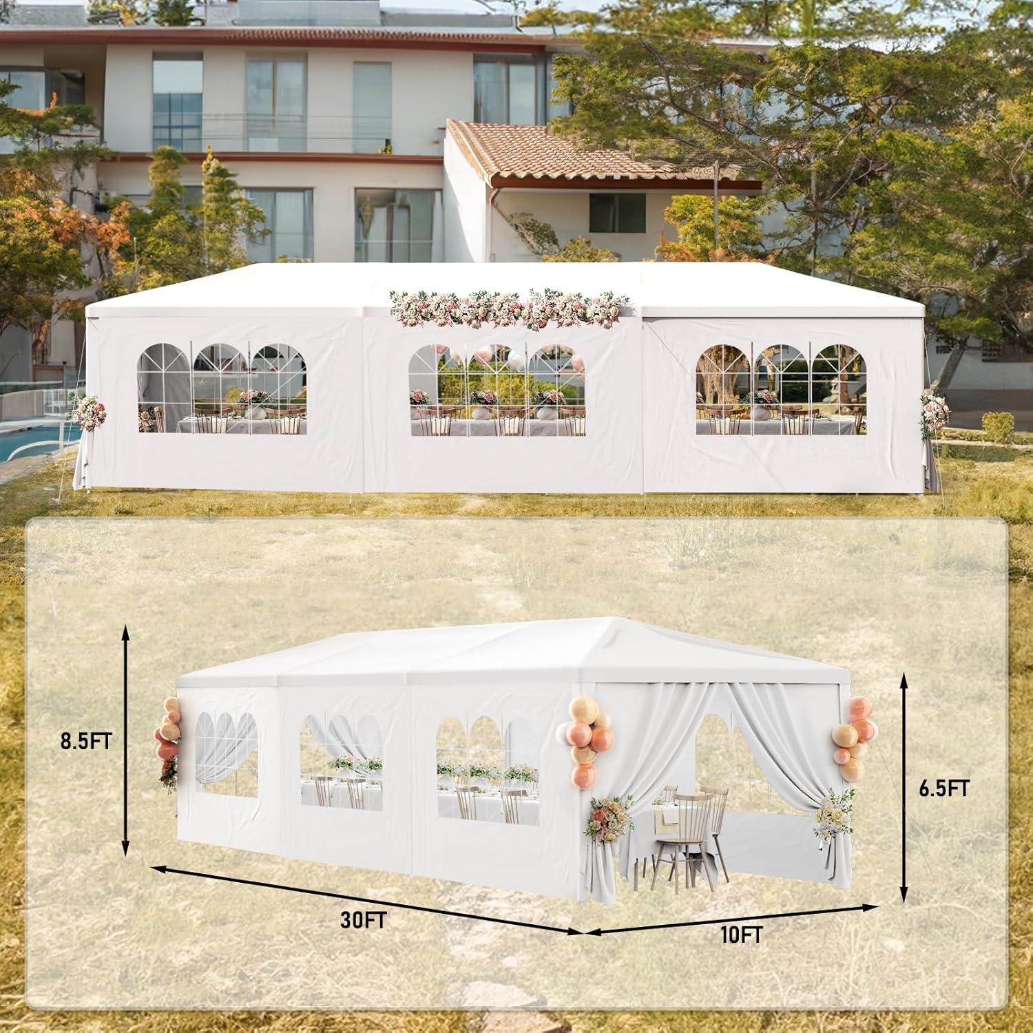 10'x30' Outdoor Party Tent with 8 Removable Sidewalls, Waterproof Canopy Patio Wedding Gazebo, White