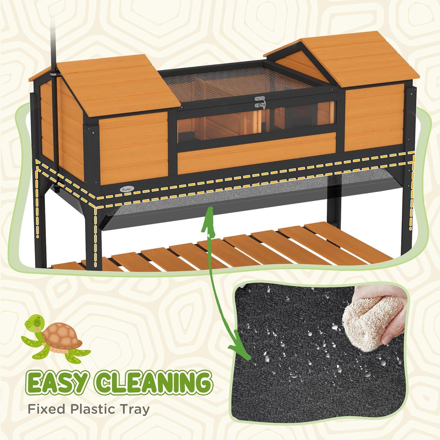 PawHut Tortoise Habitat with Adjustable Lamp Holder, Wooden Tortoise Enclosure with Storage Shelf, Dual Main Houses, Fixed Tray, Openable Lid, Yellow