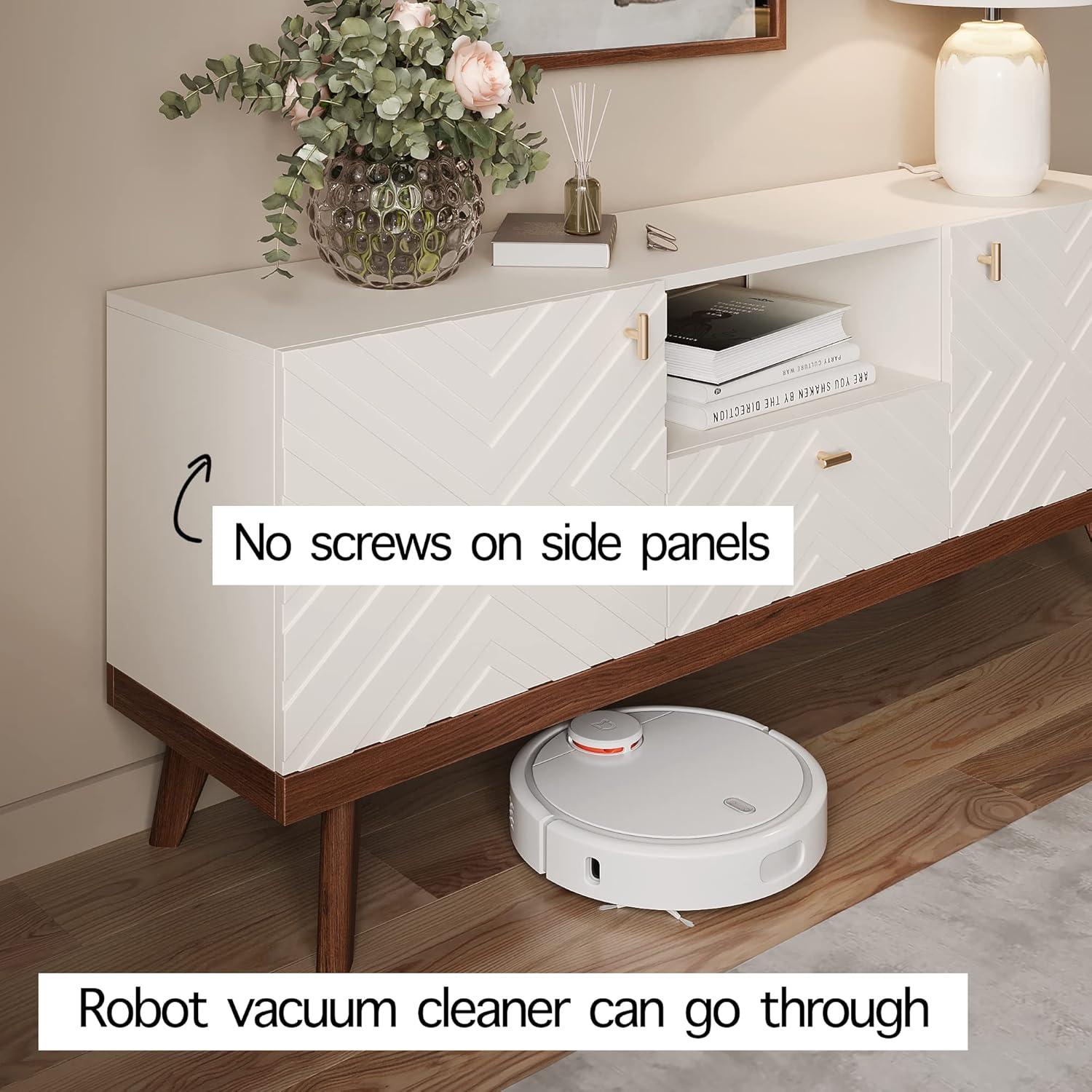 Living Skog  Alba Beige TV Stand Console with Drawer Fits TV's up to 65 in. with Wood Legs Mid Century Modern Design Beige Laminate Up to 240 lbs