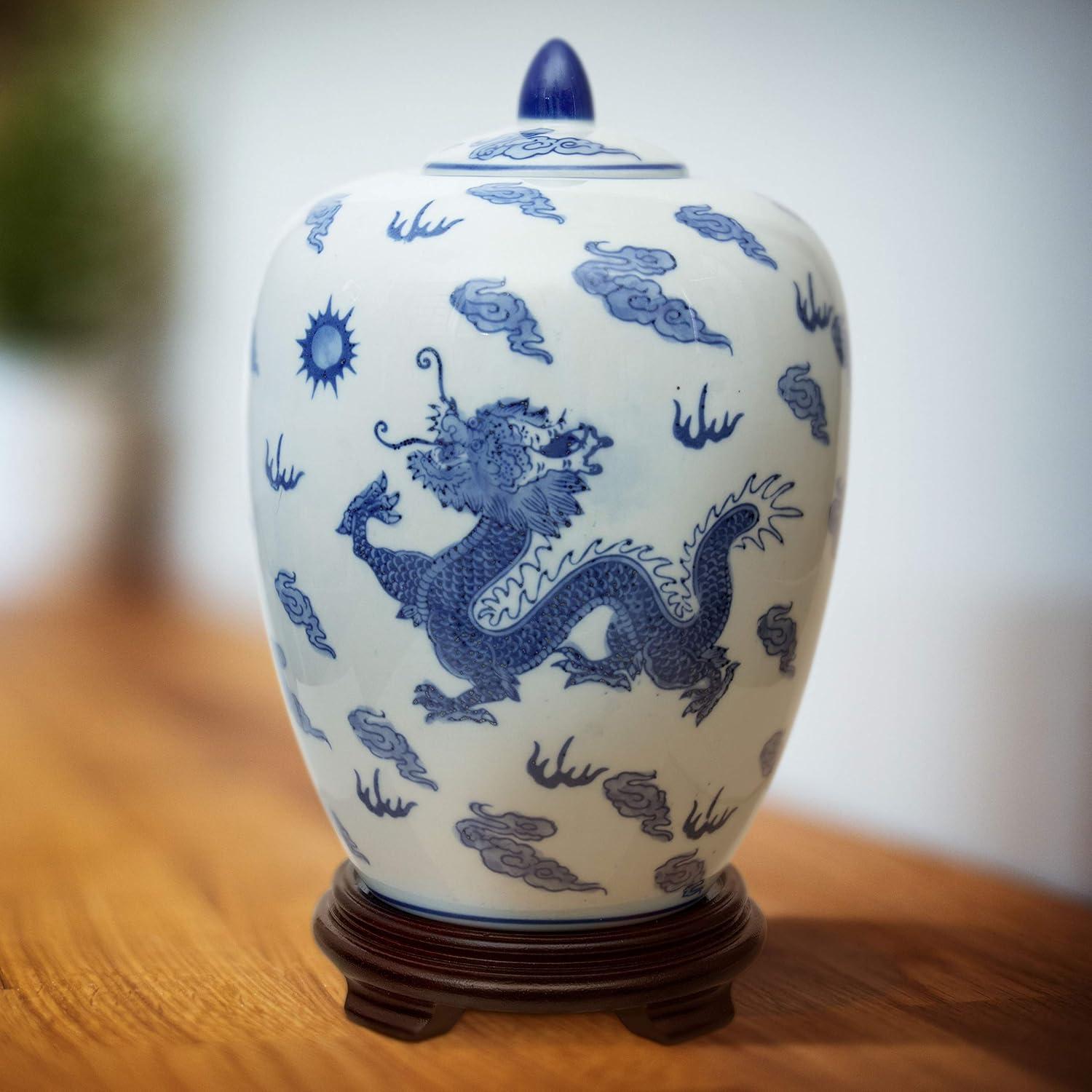 11" Dragon Blue & White Porcelain Vase Jar