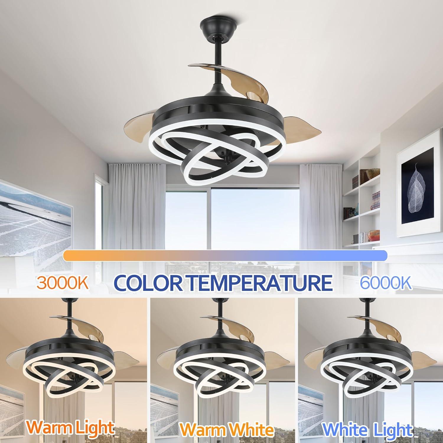 Cusp Barn 42 inches Retractable Ceiling Fan with Light and Remote, Modern Adjustable DIY Shape 3-Color Changing LED Ceiling Light for Bedroom Living Room