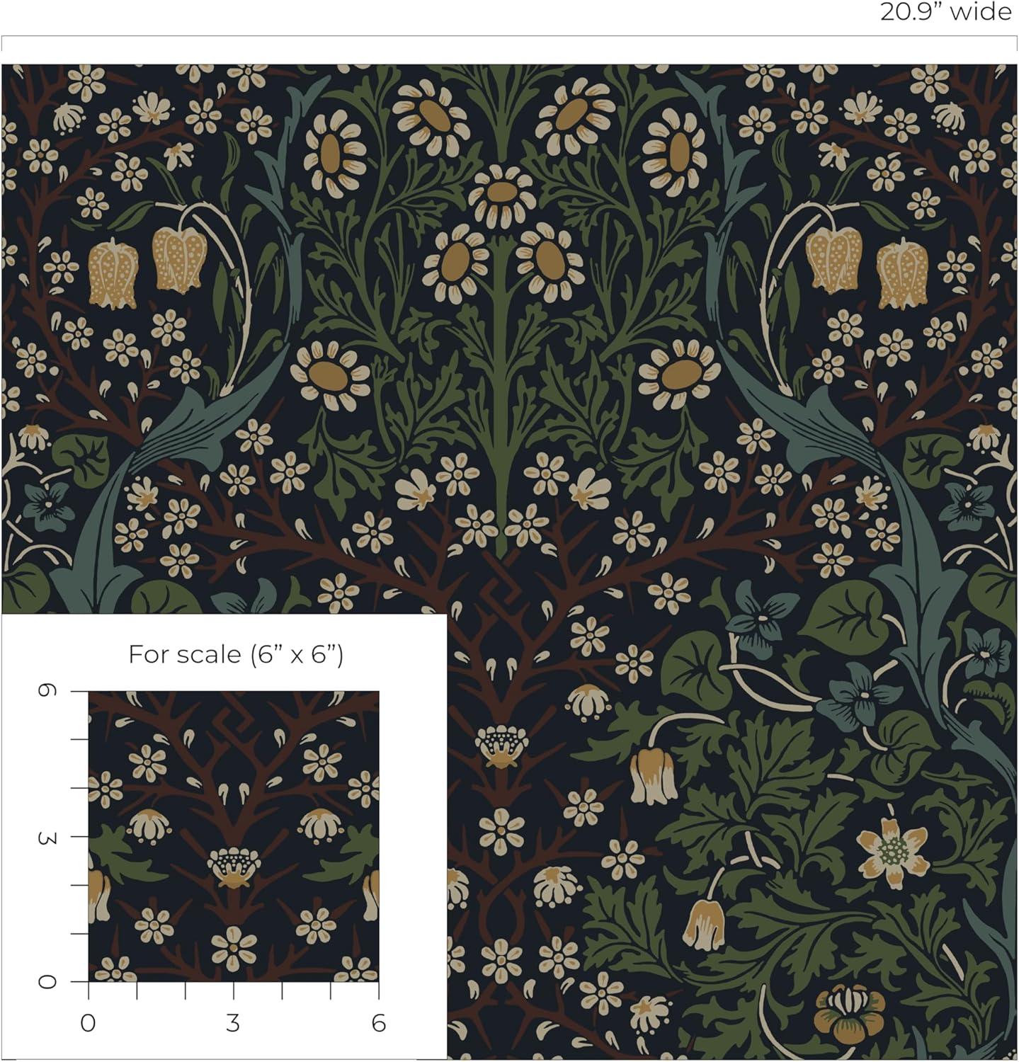 NextWall  Victorian Garden Floral Peel and Stick Wallpaper 20.9 in. W x 18 ft. L - Midnight Blue & Evergreen