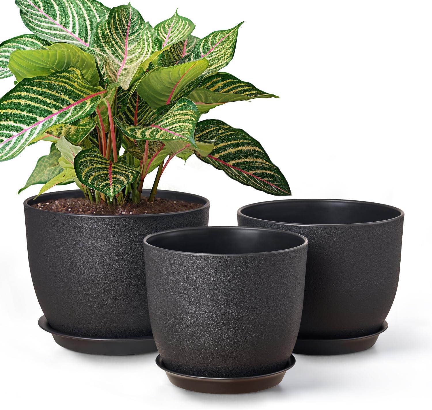 Gardrium Plant Flower Pots 10/9/8 inch Set of 3, Plastic Planters with Drainage Hole for Indoor Outdoor Garden, Black C9