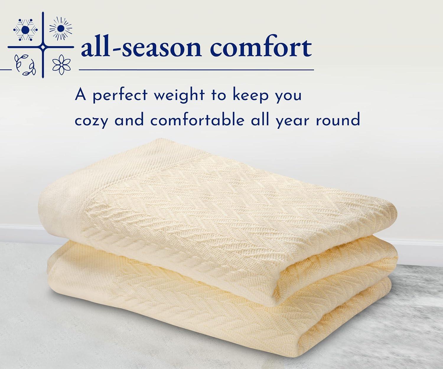 Bed Blanket | Soft 100% Cotton | Herringbone Design | All-Season Thermal Layering by California Design Den - Ivory, King (106" x 94")