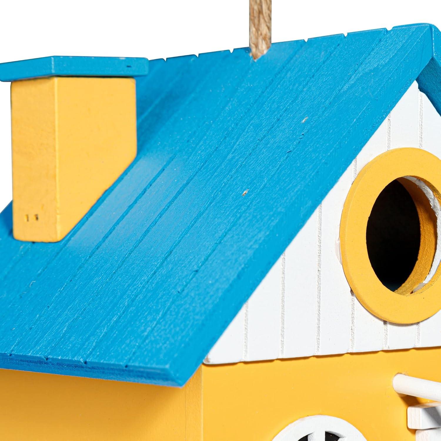 Colorful Wooden Birdhouse with Blue Roof and Yellow Walls