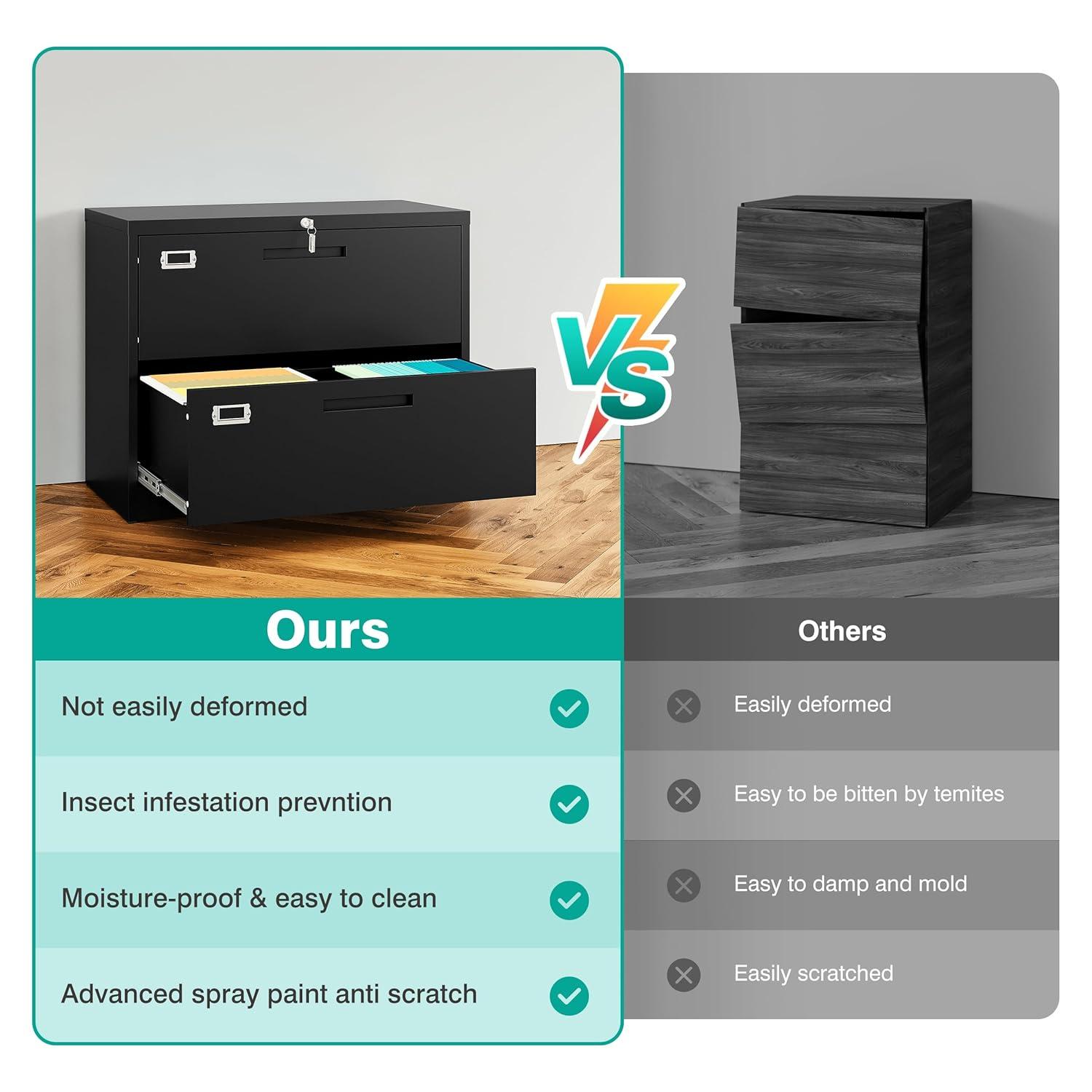 SISESOL 2 Drawer Lateral File Cabinet with Lock,Black Lateral Filing Cabinet,Horizontal Metal Filing Cabinet,Locked Wide Two Drawer File Cabinet for Office Home,Fit A4/F4/Letter/Legal File