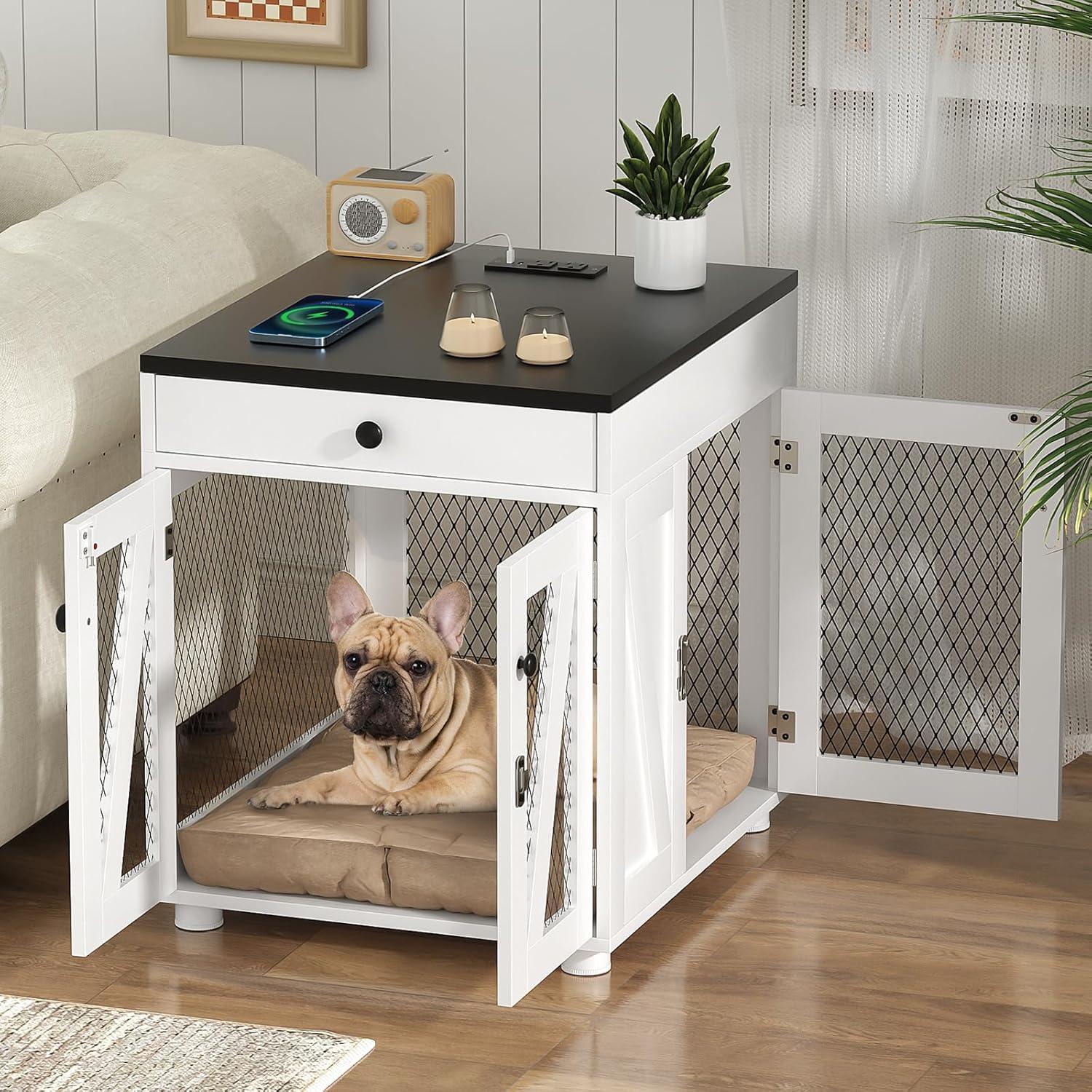 Tucker Murphy Pet™ Dog Crate Furniture, Wooden Dog Kennel End Table with USB Charging Station, Storage Drawer, Double Latched Door, Farmhouse Furniture-Style Crate Side Table for Dogs Under 40 lbs, Indoor Use