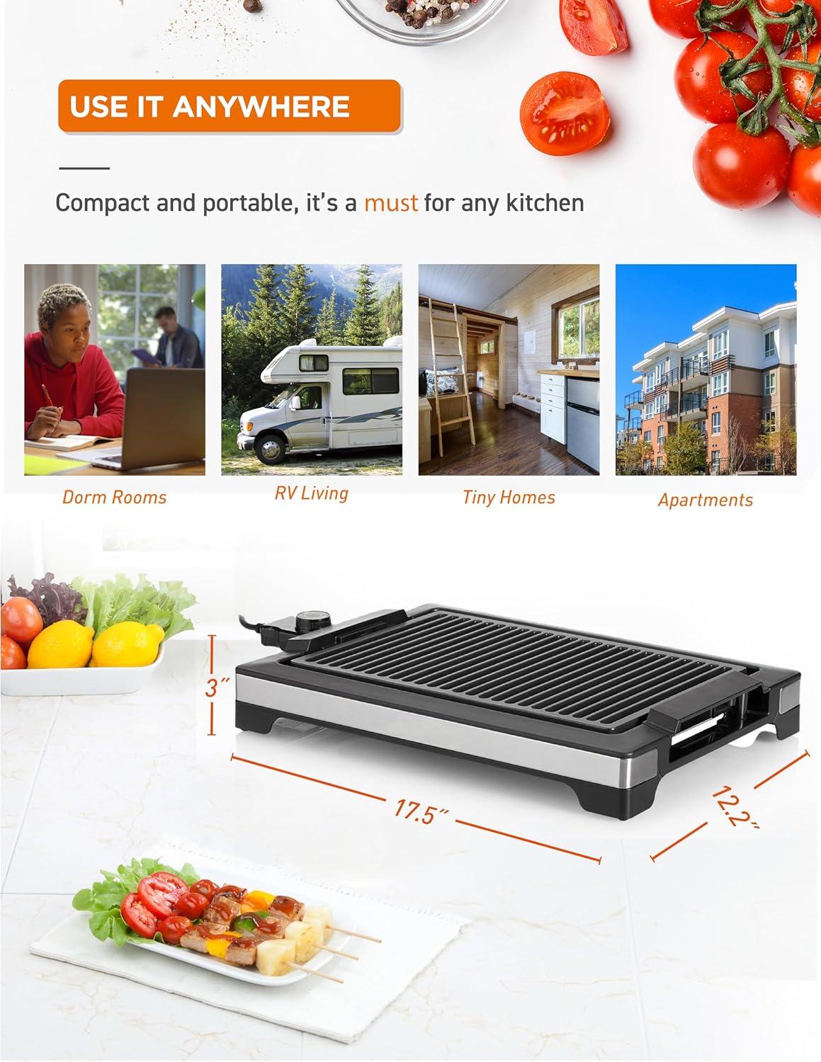 Commercial Chef COMMERCIAL CHEF Indoor Grill for Countertop Electric Grill with Adjustable Temperature Control